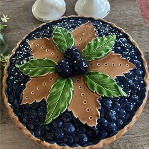 VINTAGE Colorful Ceramic Pie Plate with Leaf and Berry Design